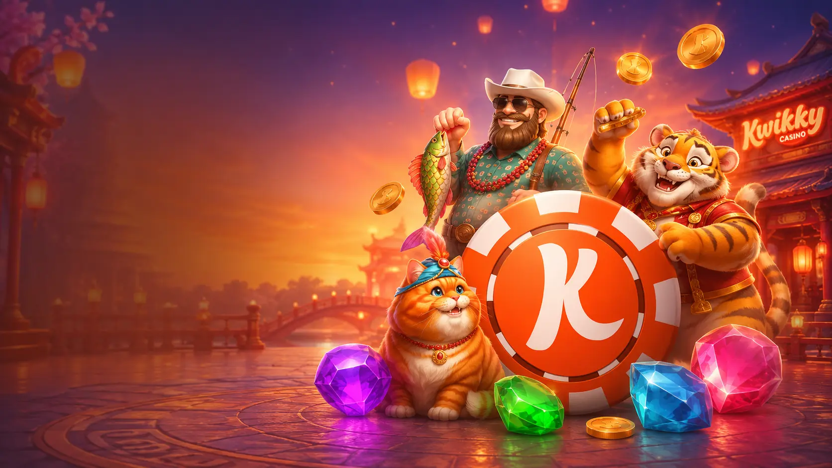 hero image showing Kwikky character, tiger, cat, and jewels